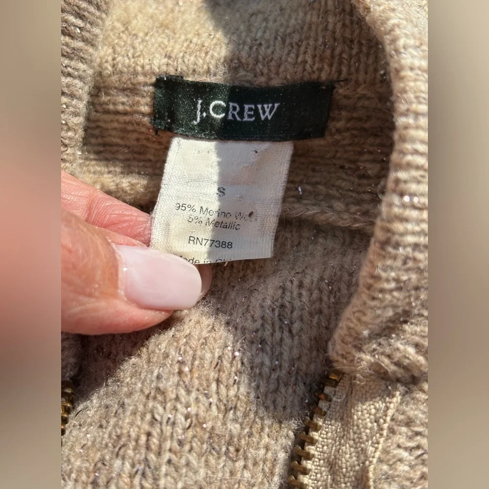 J. Crew Merino Wool Brown Metallic Zip Front Cardigan‎ Sweater Small Women’s